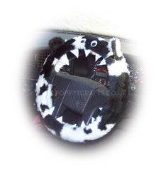Fuzzy Monster car steering wheel cover Printed faux fur choice of print Black & White Cow print