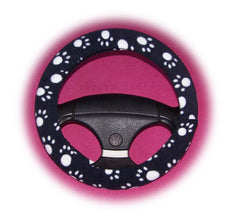 Paw print fleece car steering wheel cover in black and white and multi-coloured Black and White Paws