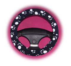 Black with white Paws paw print fleece car steering wheel cover