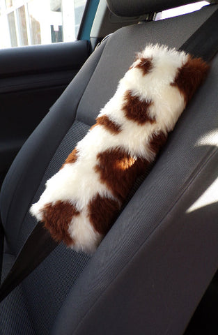 Brown and cream cow print fuzzy car seatbelt pads 1 pair