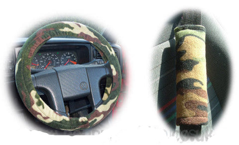 Camouflage print Fleece Car Steering wheel cover & matching seatbelt pad set