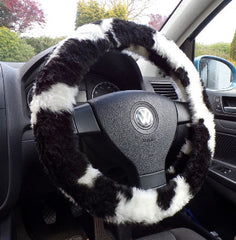 Fuzzy Faux fur Steering wheel cover in a choice of print's black & white cow