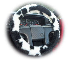 Black and White Cow print fuzzy Car Steering wheel cover & matching faux fur seatbelt pad set
