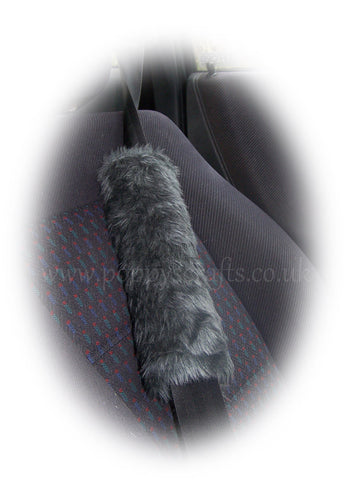 Dark grey Fuzzy faux fur car seatbelt pads furry and fluffy