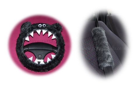 Fluffy Dark Grey Monster Car Steering wheel cover & fuzzy Dark Grey seatbelt pad set