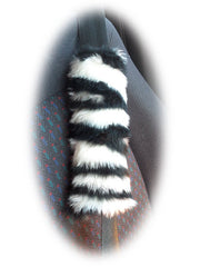 Zebra print fuzzy car seatbelt pads black and white stripe 1 pair