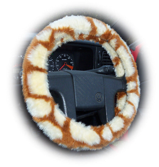 Giraffe print fuzzy faux fur car steering wheel cover Cute