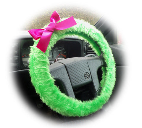 Bright Lime Green fuzzy car steering wheel cover faux fur with Barbie Pink satin Bow