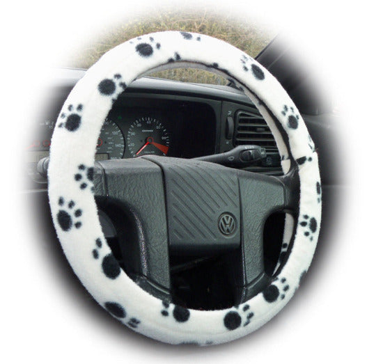Paw print fleece car steering wheel cover in black and white and multi-coloured White and Black Paws