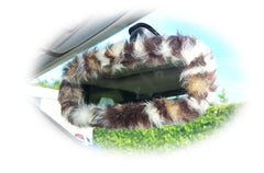Fuzzy faux fur rear view interior car mirror cover in choice of print