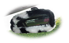 Fuzzy faux fur rear view interior car mirror cover in choice of print Black & white cow