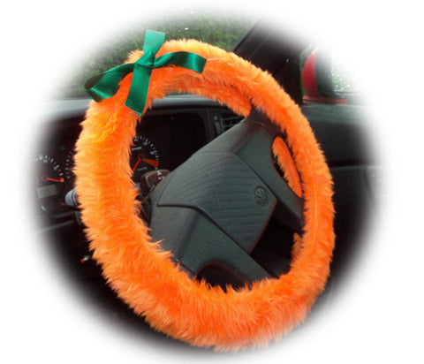 Pumpkin Orange fuzzy faux fur car steering wheel cover with green satin bow