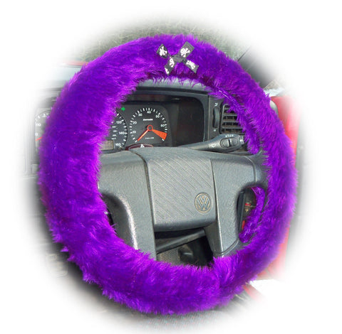 Purple fuzzy car steering wheel cover faux fur with skull and cross bones bow