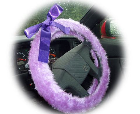 Lilac fuzzy car steering wheel cover with Purple Satin Bow