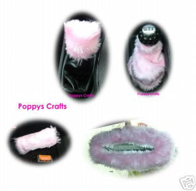 fluffy faux fur Baby Pink car accessories set Gear knob gaiter mirror and handbrake covers