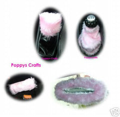 fluffy faux fur Baby Pink car accessories set Gear knob gaiter mirror and handbrake covers