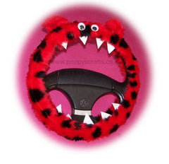 Fuzzy faux fur ladybird red and black spotty monster steering wheel cover