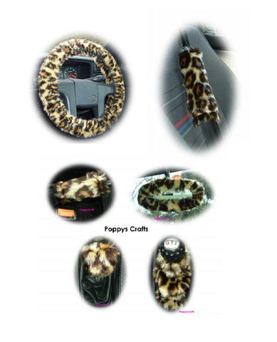 Large 7 Piece leopard print fluffy car accessories set faux fur