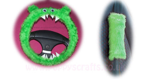 Fluffy Lime Green Monster Car Steering wheel cover & fuzzy faux fur Lime Green seatbelt pad set