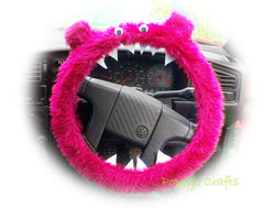 Fluffy Pink Monster Car Steering wheel cover & fuzzy faux fur pink seatbelt pad set Poppys Crafts