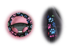 Black and Multi-coloured Paw print fleece steering wheel cover and seatbelt pads