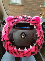 Pink and black Tiger stripe fuzzy Monster steering wheel cover