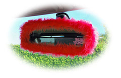 Racing red cute faux fur furry fluffy fuzzy rear view interior car mirror cover Poppys Crafts