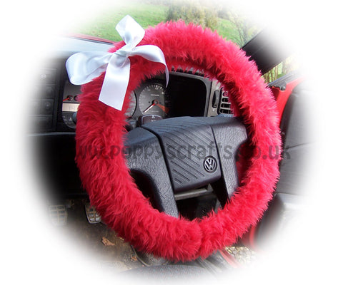 Racing red fluffy faux fur car steering wheel cover with White satin Bow