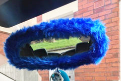Royal Blue faux fur rear view interior car mirror cover