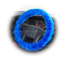 Royal Blue Fuzzy Car Steering wheel cover & matching faux fur seatbelt pad set