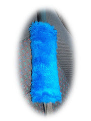 Royal Blue Fuzzy Car Steering wheel cover & matching faux fur seatbelt pad set