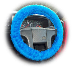 Royal Blue Fuzzy Car Steering wheel cover & matching faux fur seatbelt pad set