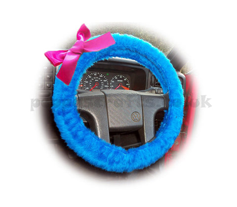 Royal Blue fuzzy car steering wheel cover faux fur with Barbie Pink satin Bow