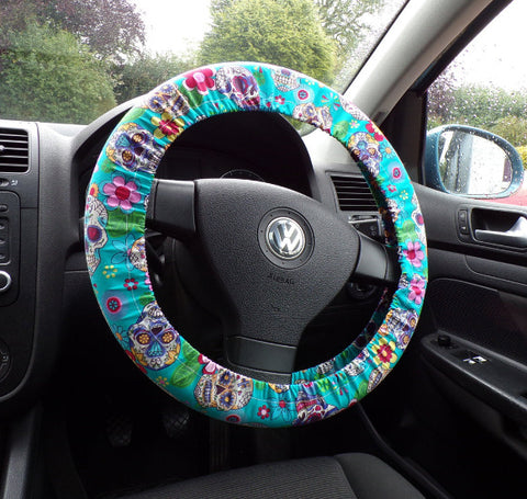 Sugar skulls hearts and diamonds turquoise steering wheel cover
