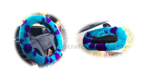 Monster spot fuzzy steering wheel cover with cute matching rear view interior mirror cover
