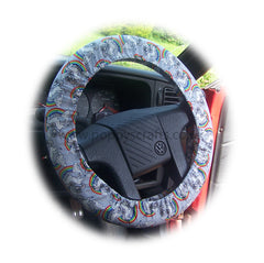 Unicorn's and Rainbow's on Grey cotton car steering wheel cover