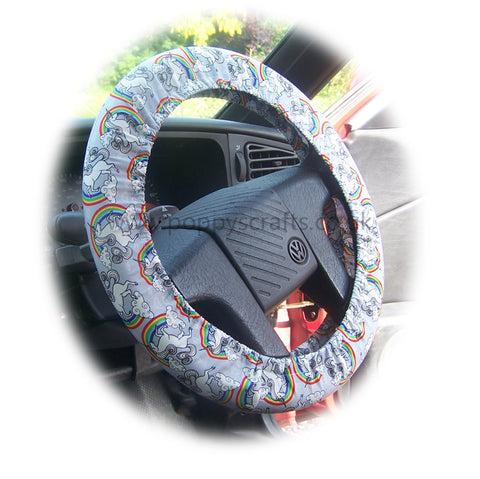 Unicorn's and Rainbow's on Grey cotton car steering wheel cover