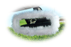 Pretty White fuzzy steering wheel cover with cute matching rearview mirror cover