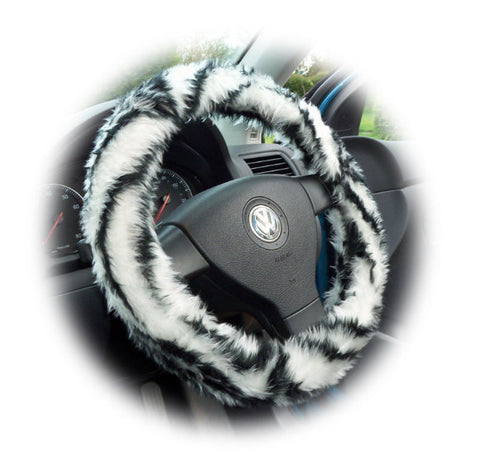 Black & White tiger stripe faux fur fuzzy car steering wheel cover