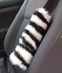 Zebra print fuzzy car seatbelt pads black and white stripe 1 pair