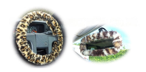 Leopard Print fuzzy steering wheel cover with cute matching rearview interior mirror cover