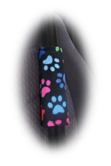 Black and multi-coloured paw print fleece car seatbelt pads 1 pair