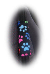 Black and multi-coloured paw print fleece car seatbelt pads 1 pair