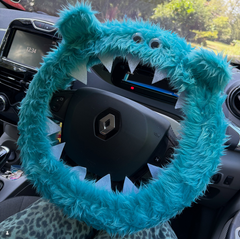Turquoise / Teal Fuzzy monster car steering wheel cover