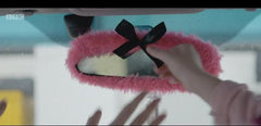 Barbie pink faux fur fuzzy rear view interior car mirror cover with black satin bow Poppys Crafts