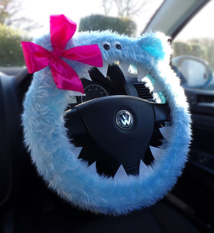 Fuzzy Baby blue faux fur monster car steering wheel cover with cute pink bow