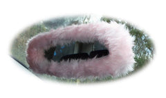 Baby pink faux fur rear view interior car mirror cover Poppys Crafts