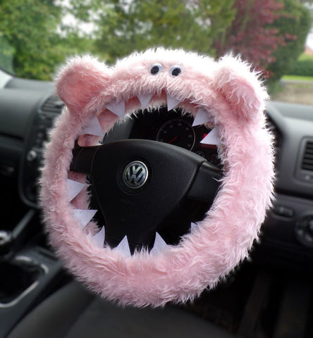 Baby pink faux fur fuzzy Monster car steering wheel cover