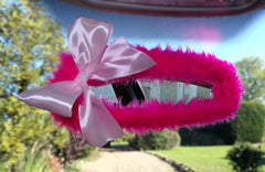 Barbie pink faux fur rear view interior car mirror cover with baby pink satin bow