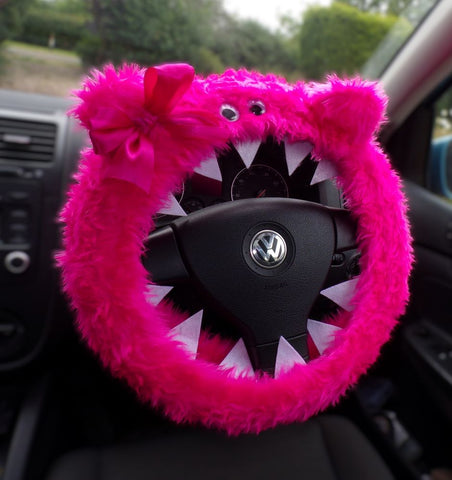 Barbie Pink fuzzy Monster car steering wheel cover with Pink Bow